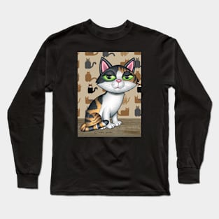 Cute calico kitty cat with cats on background Long Sleeve T-Shirt